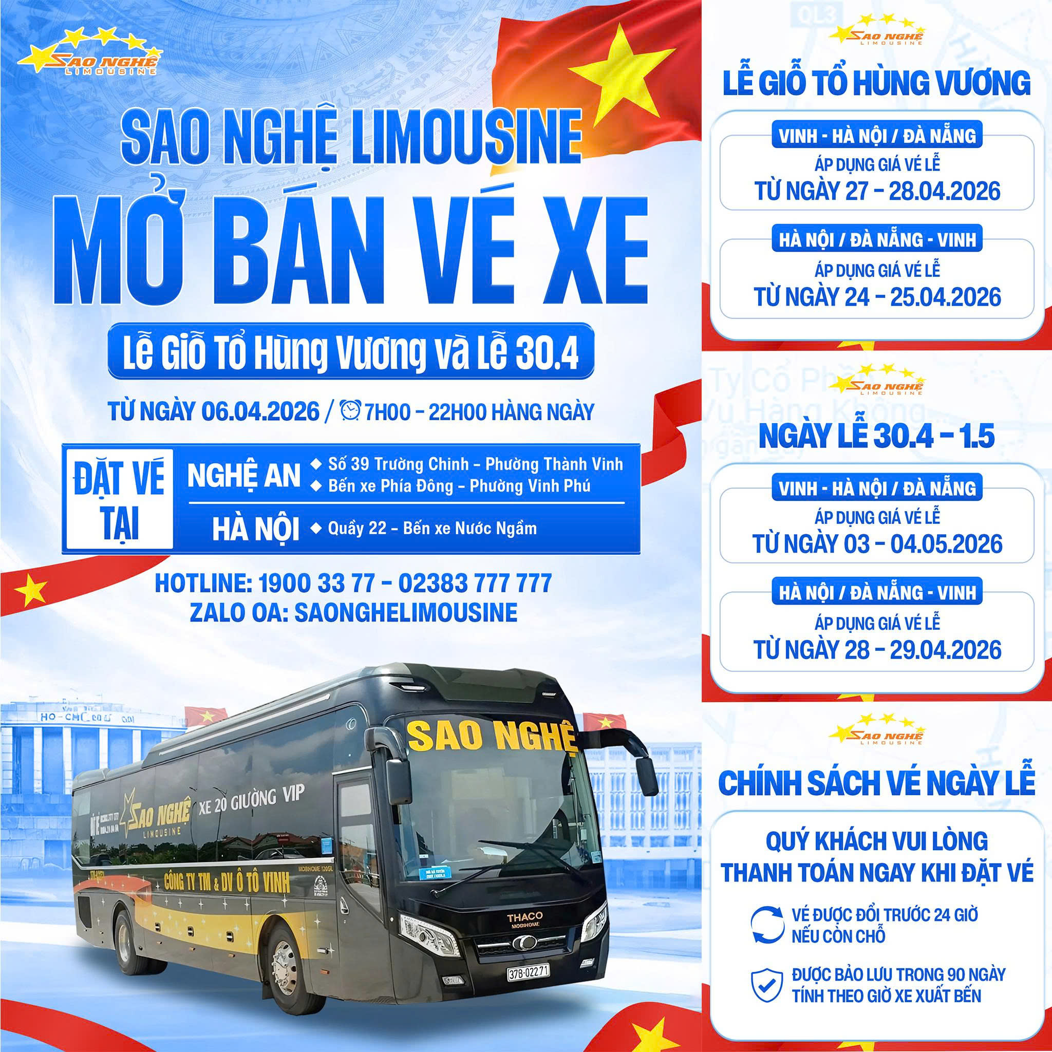 Sao Nghệ Limousine Mở Bán Vé Xe Giỗ Tổ & 30/4 - 1/5